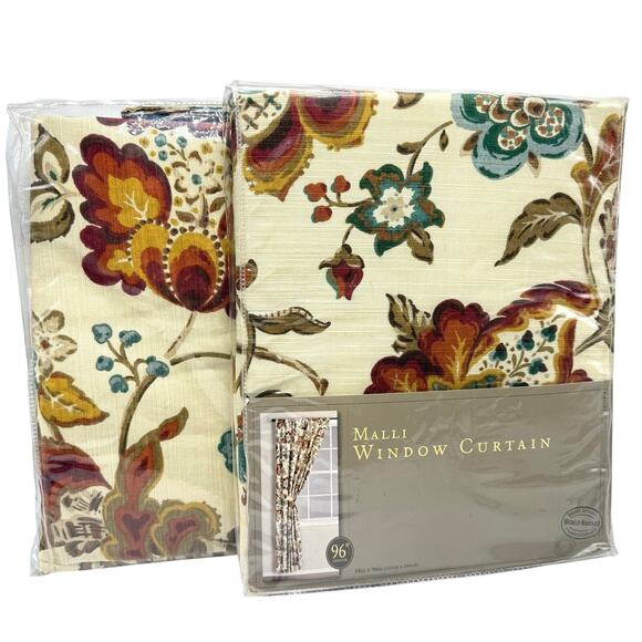 2 Malli Window Curtains 48 x 96 Jacobean Floral Lined Cotton Panels World Market - Picture 1 of 8